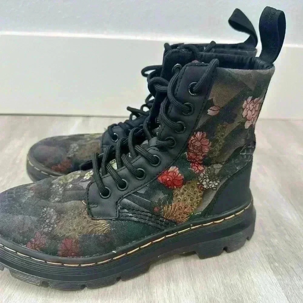 Dr Martens Boots Floral Print Black‎ Lace Up Combat Chunky Platform SZ 5 - Picture 3 of 11